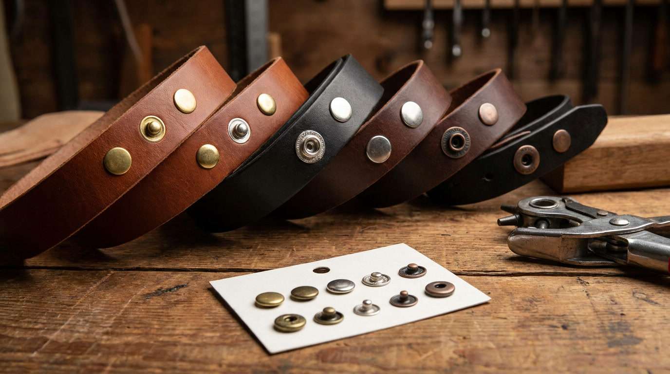 belt with snaps for buckle, A belt with snaps for buckle attachment is displayed in several leather colors beside matching metal fasteners and setting tools.